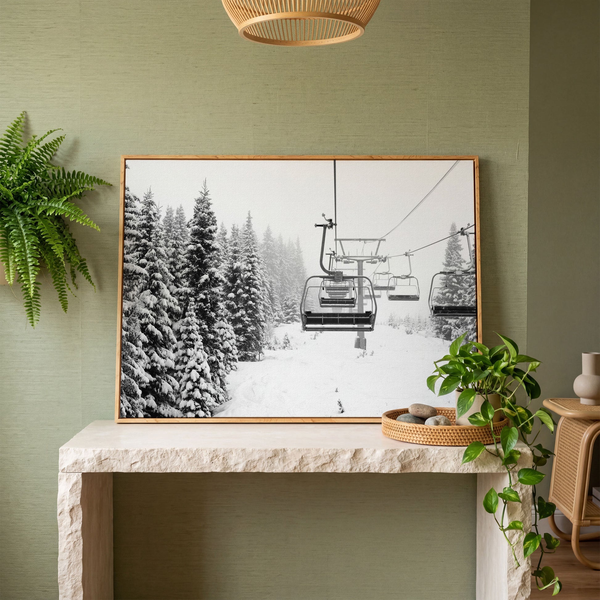 Snowy Mountain Ski Lift Canvas Art for Cabin and Lodge Walls in white oak floating frame