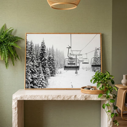 Snowy Mountain Ski Lift Canvas Art for Cabin and Lodge Walls in white oak floating frame