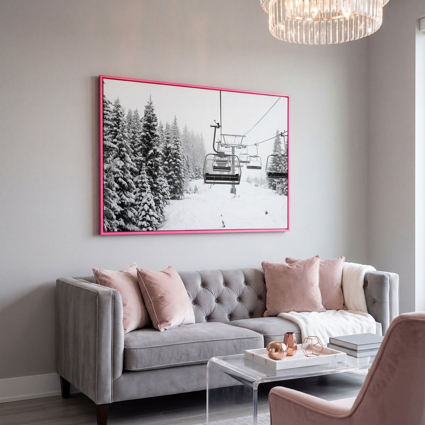 Snowy Mountain Ski Lift Canvas Art for Cabin and Lodge Walls in pink floating frame