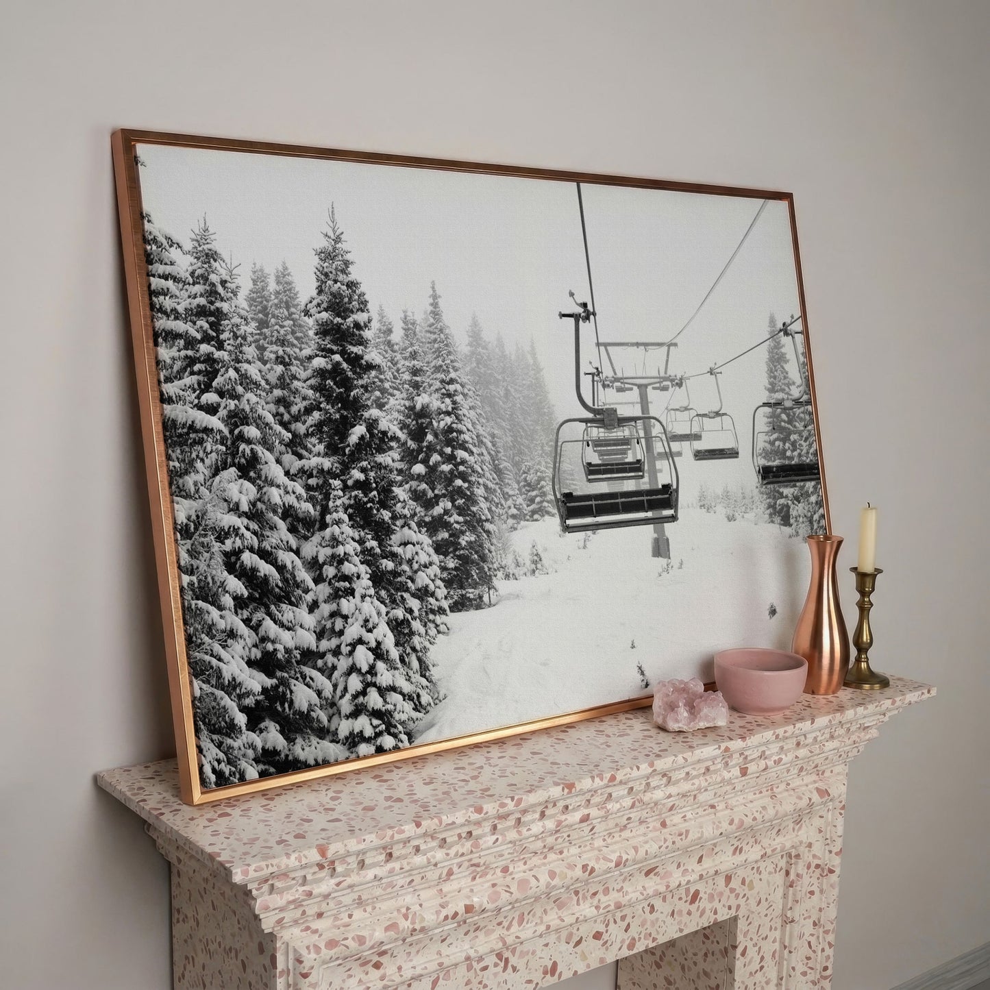 Snowy Mountain Ski Lift Canvas Art for Cabin and Lodge Walls in rose gold floating frame