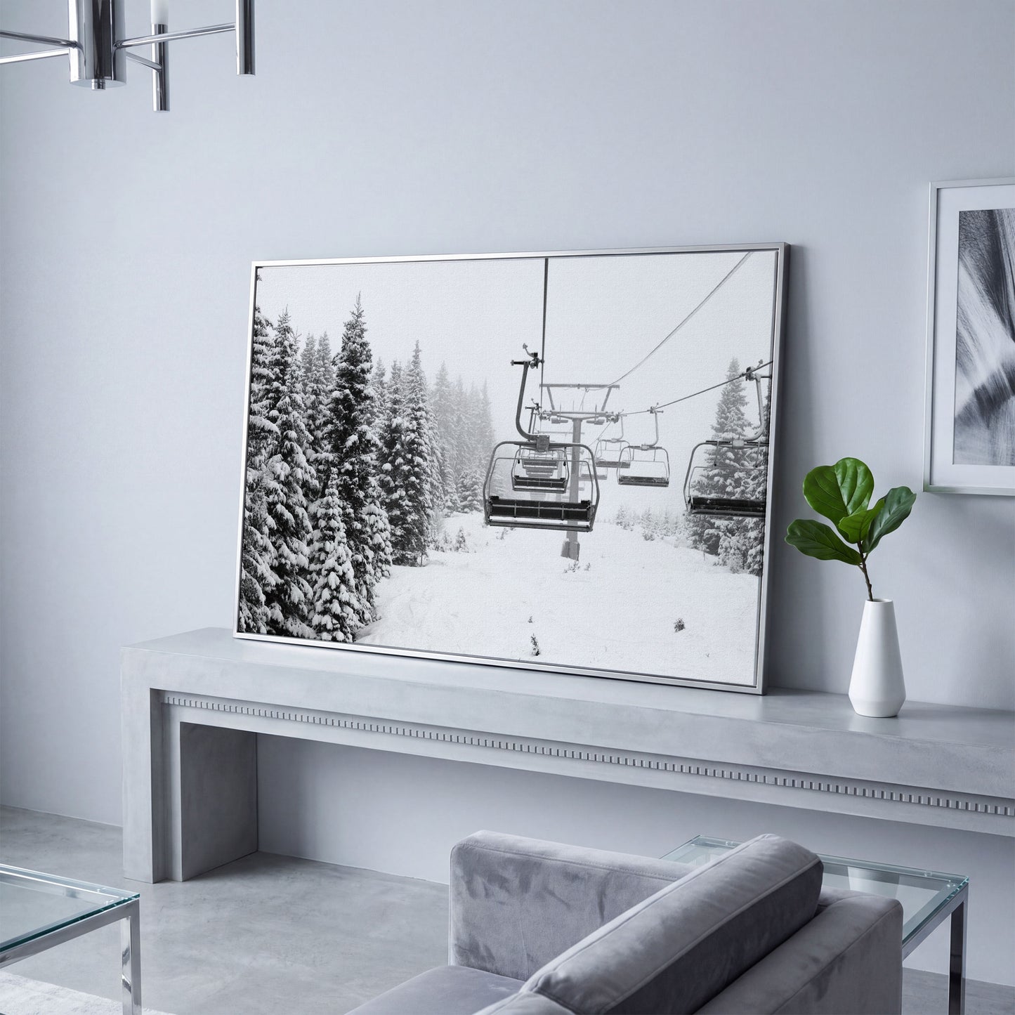 Snowy Mountain Ski Lift Canvas Art for Cabin and Lodge Walls in silver floating frame