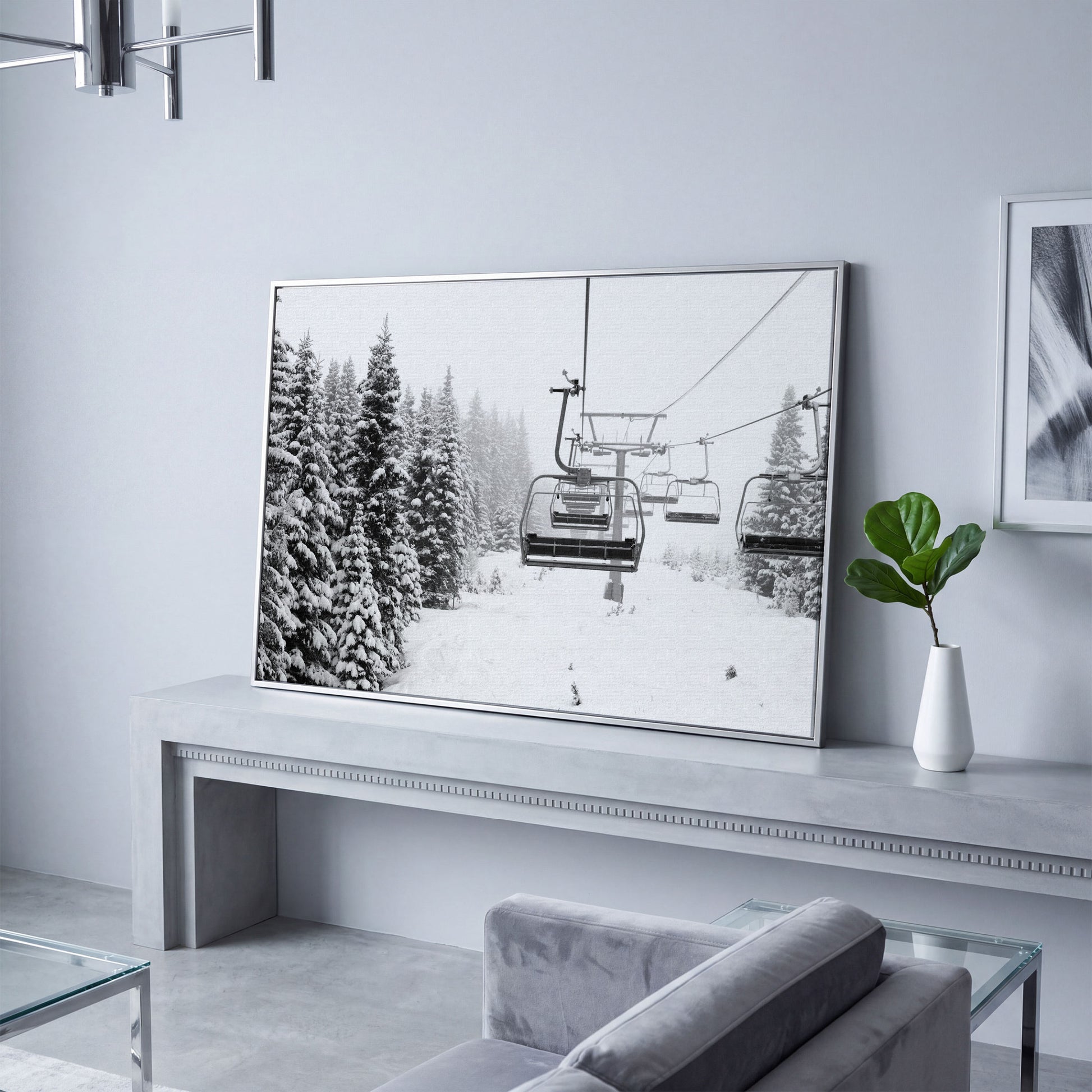 Snowy Mountain Ski Lift Canvas Art for Cabin and Lodge Walls in silver floating frame