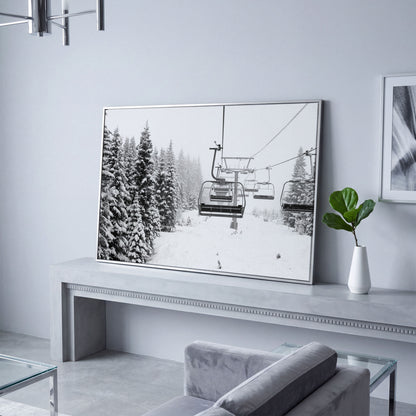 Snowy Mountain Ski Lift Canvas Art for Cabin and Lodge Walls in silver floating frame