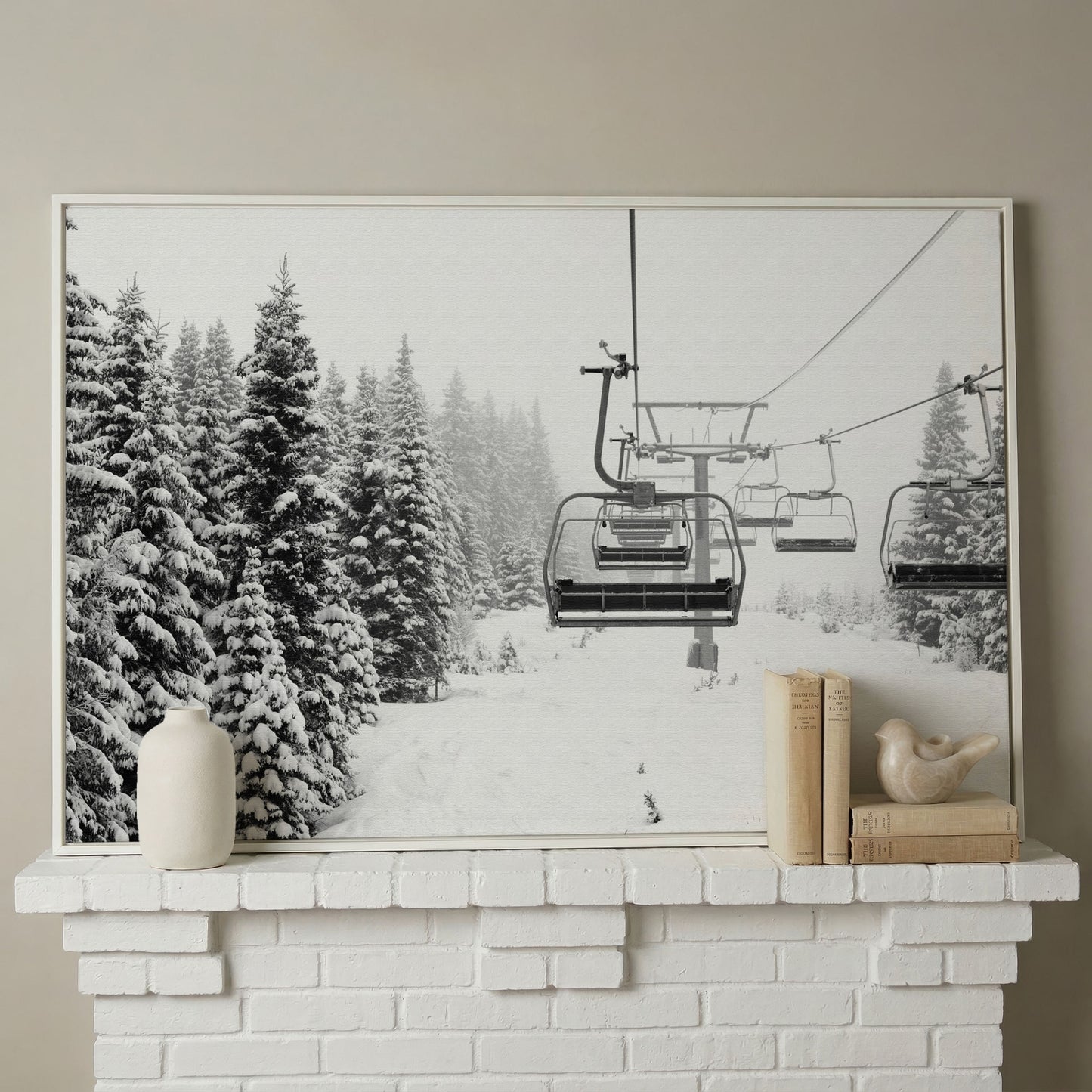 Snowy Mountain Ski Lift Canvas Art for Cabin and Lodge Walls in white floating frame