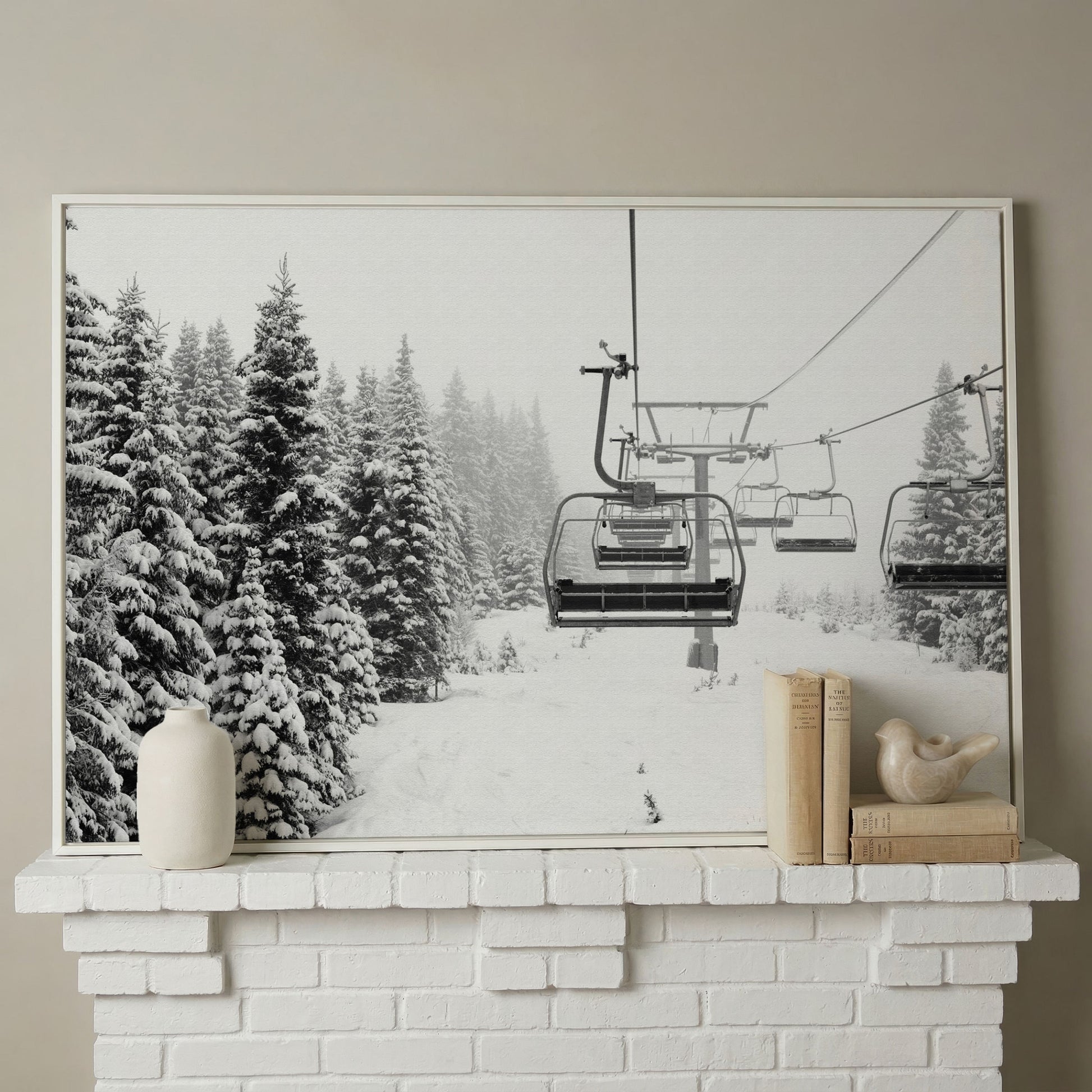 Snowy Mountain Ski Lift Canvas Art for Cabin and Lodge Walls in white floating frame