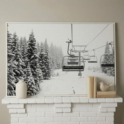 Snowy Mountain Ski Lift Canvas Art for Cabin and Lodge Walls in white floating frame