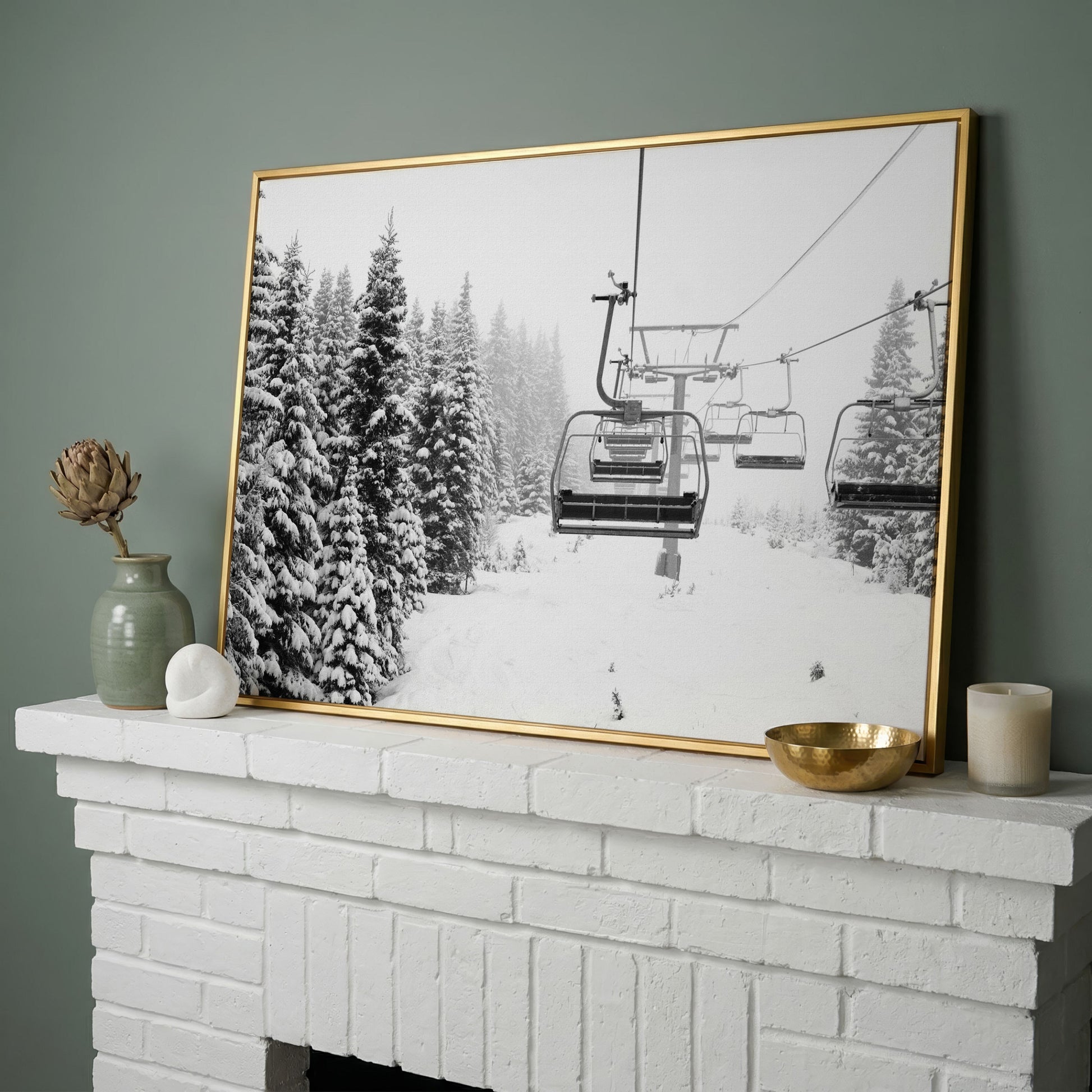 Snowy Mountain Ski Lift Canvas Art for Cabin and Lodge Walls in yellow gold floating frame