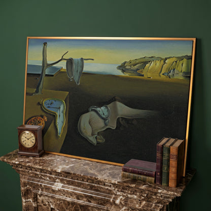 Melting Clocks Surreal Landscape Canvas Wall Art in antique gold floating frame