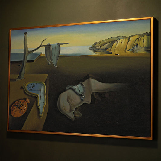 Melting Clocks Surreal Landscape Canvas Wall Art shown in antique gold floating frame