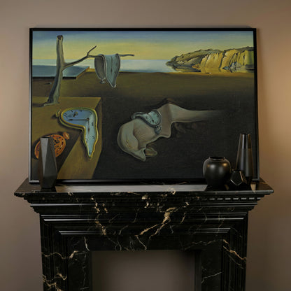 Melting Clocks Surreal Landscape Canvas Wall Art in black floating frame