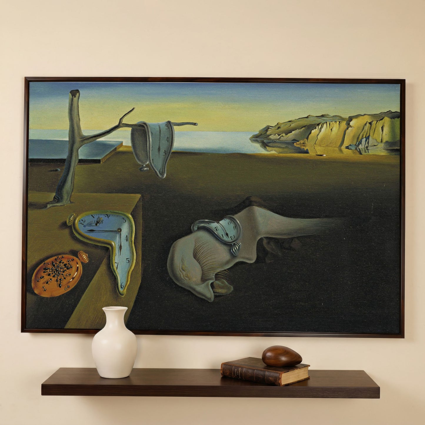 Melting Clocks Surreal Landscape Canvas Wall Art in dark walnut floating frame