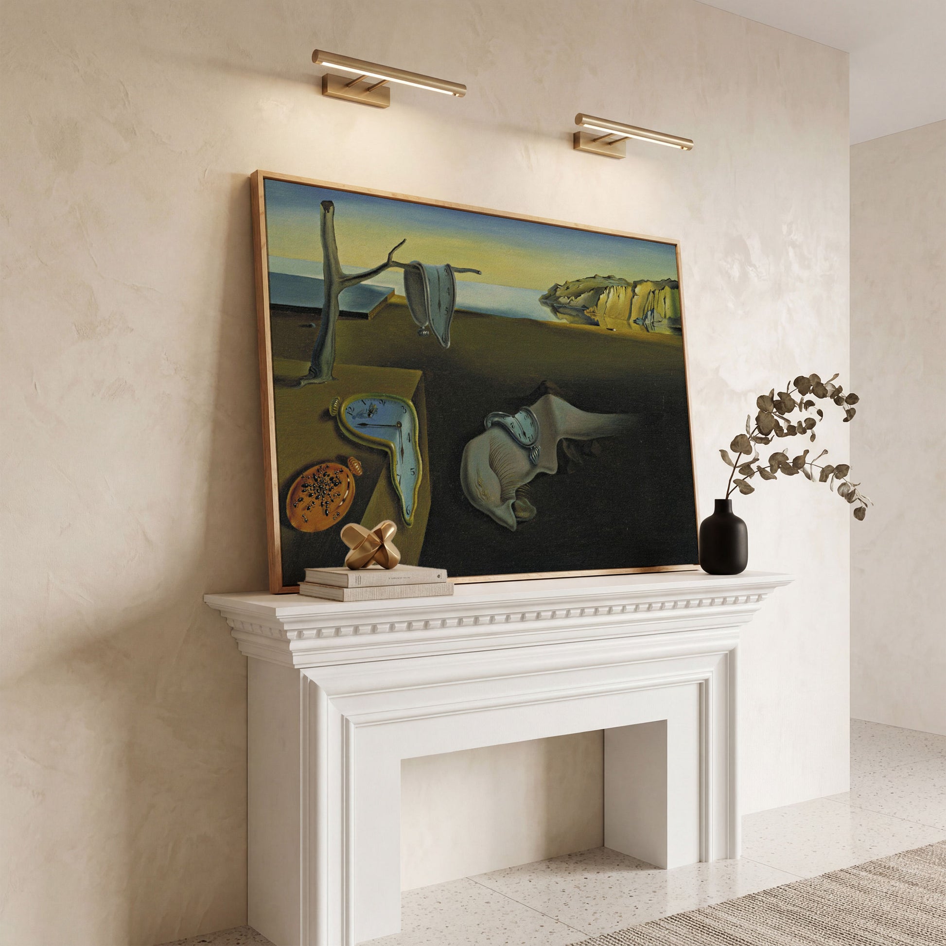 Melting Clocks Surreal Landscape Canvas Wall Art in white oak floating frame