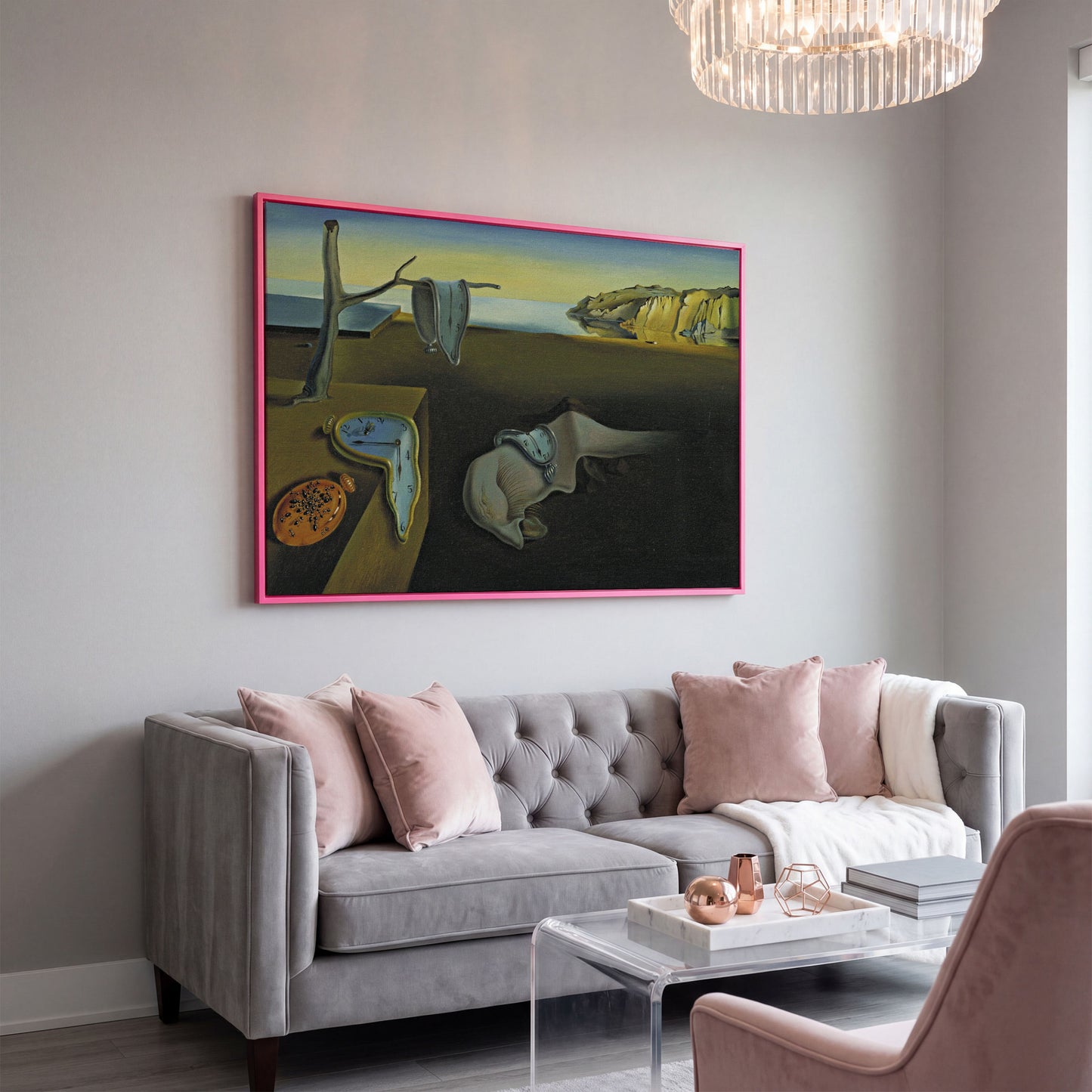 Melting Clocks Surreal Landscape Canvas Wall Art in pink floating frame