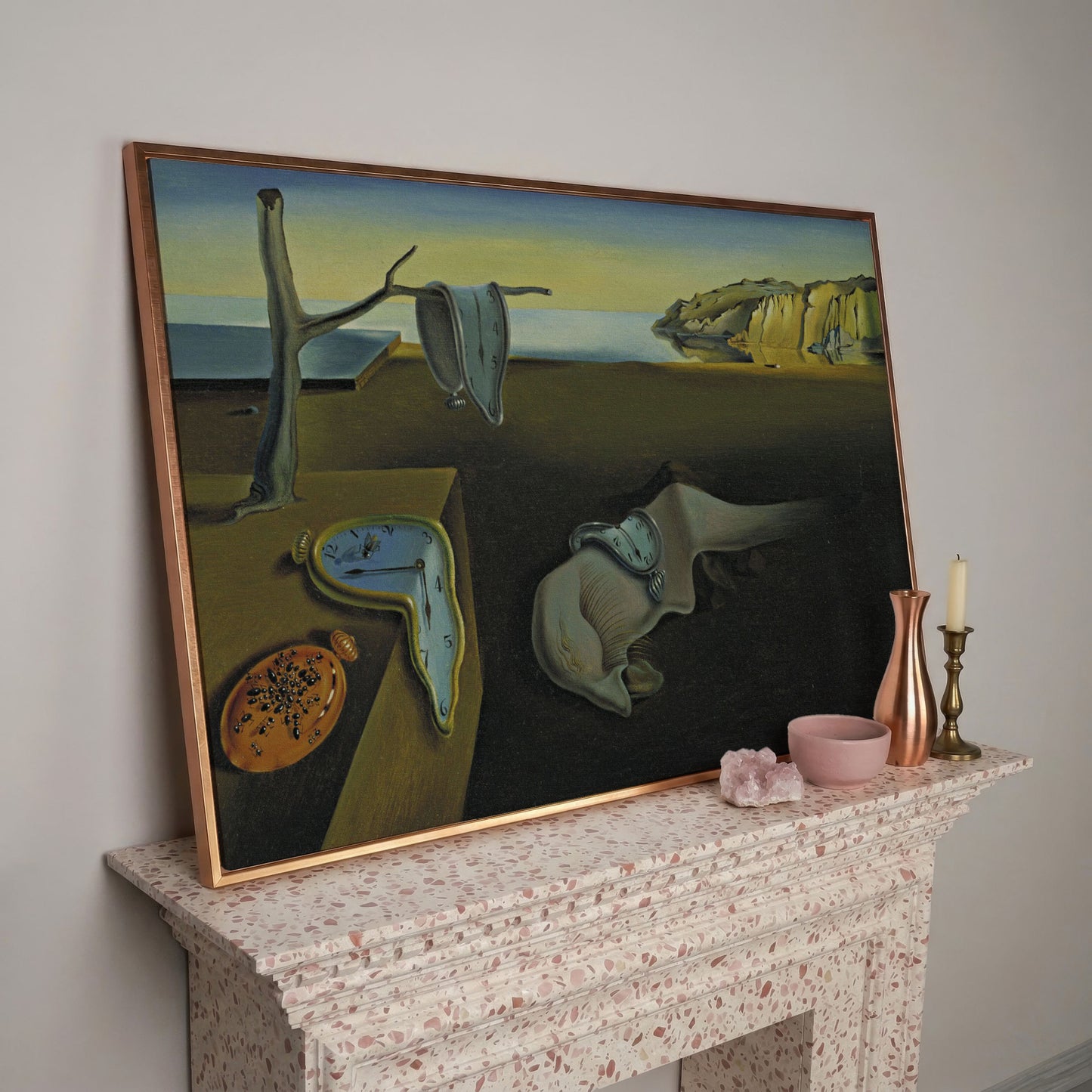 Melting Clocks Surreal Landscape Canvas Wall Art in rose gold floating frame