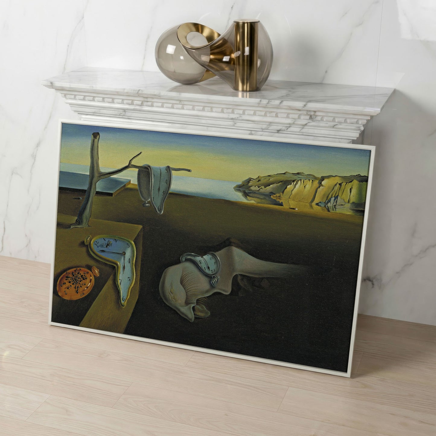 Melting Clocks Surreal Landscape Canvas Wall Art in white floating frame