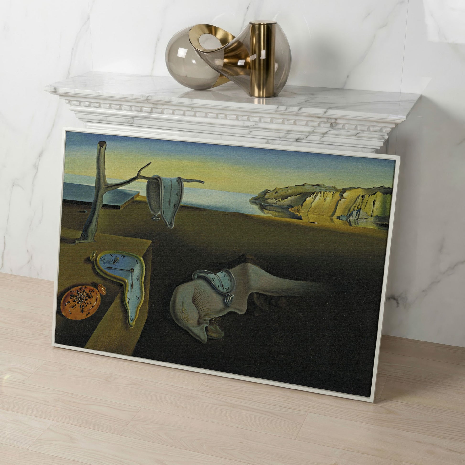 Melting Clocks Surreal Landscape Canvas Wall Art in white floating frame