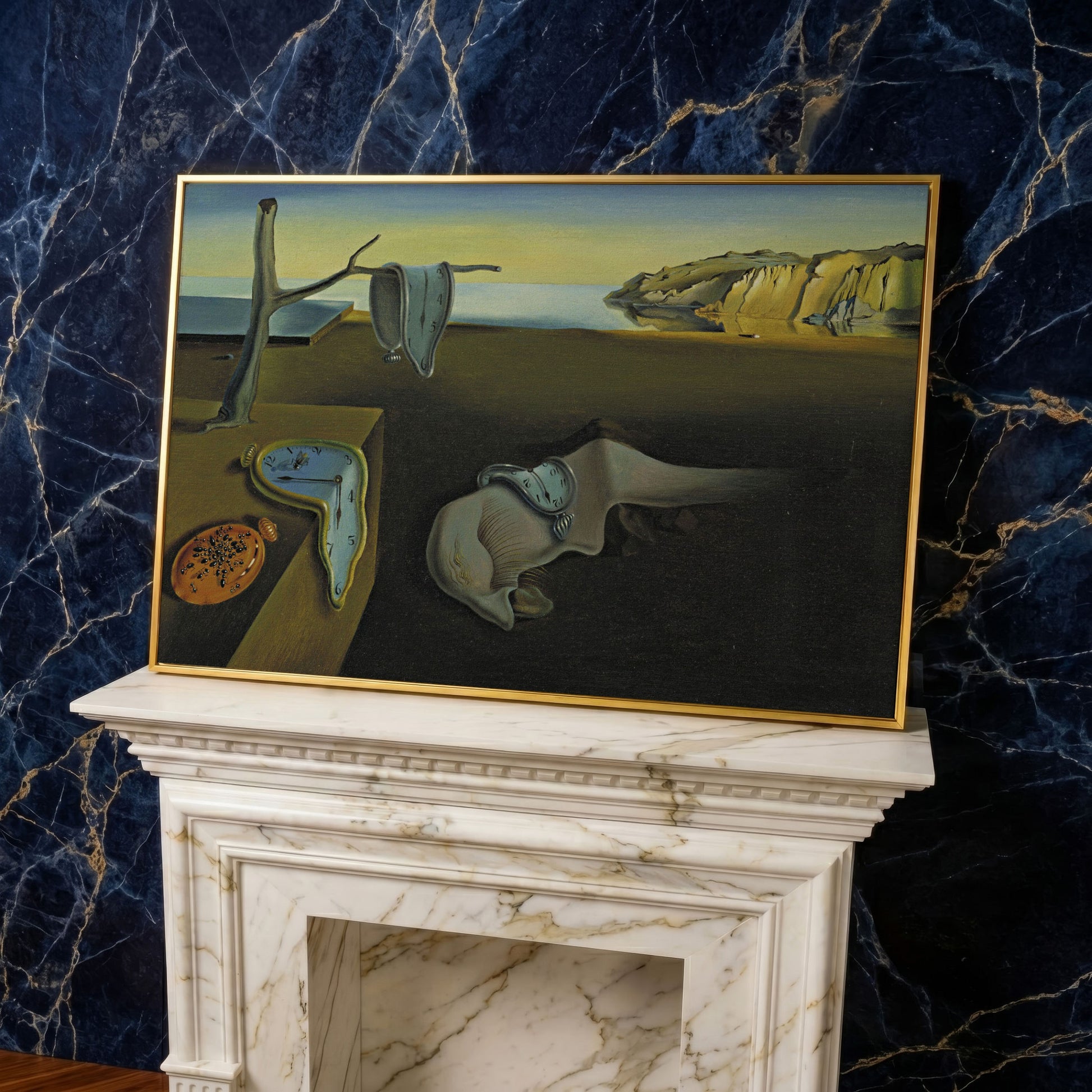 Melting Clocks Surreal Landscape Canvas Wall Art in yellow gold floating frame