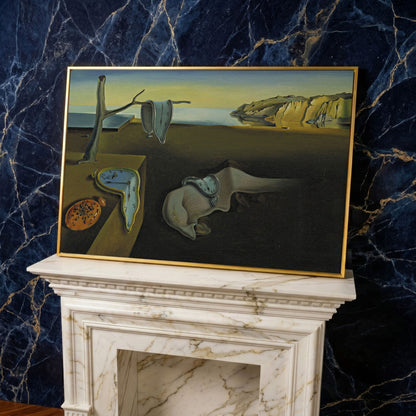 Melting Clocks Surreal Landscape Canvas Wall Art in yellow gold floating frame