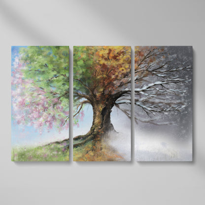 Four Seasons Tree Canvas Wall Art. Spring Through Winter as 3-panel split version