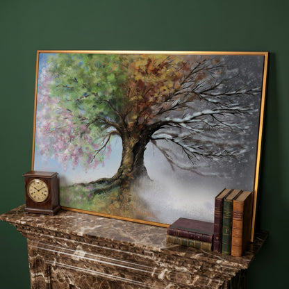 Four Seasons Tree Canvas Wall Art. Spring Through Winter in antique gold floating frame