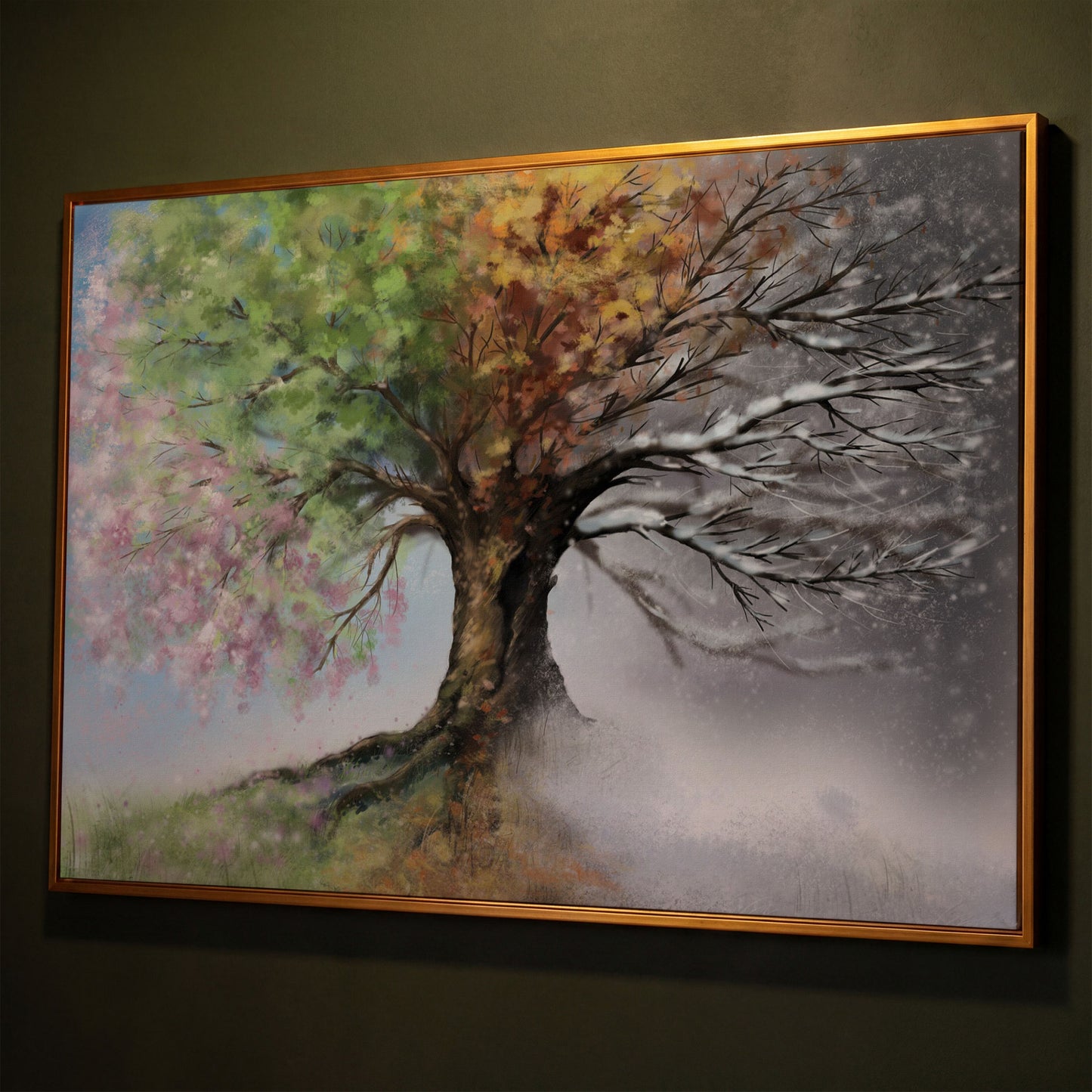 Four Seasons Tree Canvas Wall Art. Spring Through Winter shown in antique gold floating frame