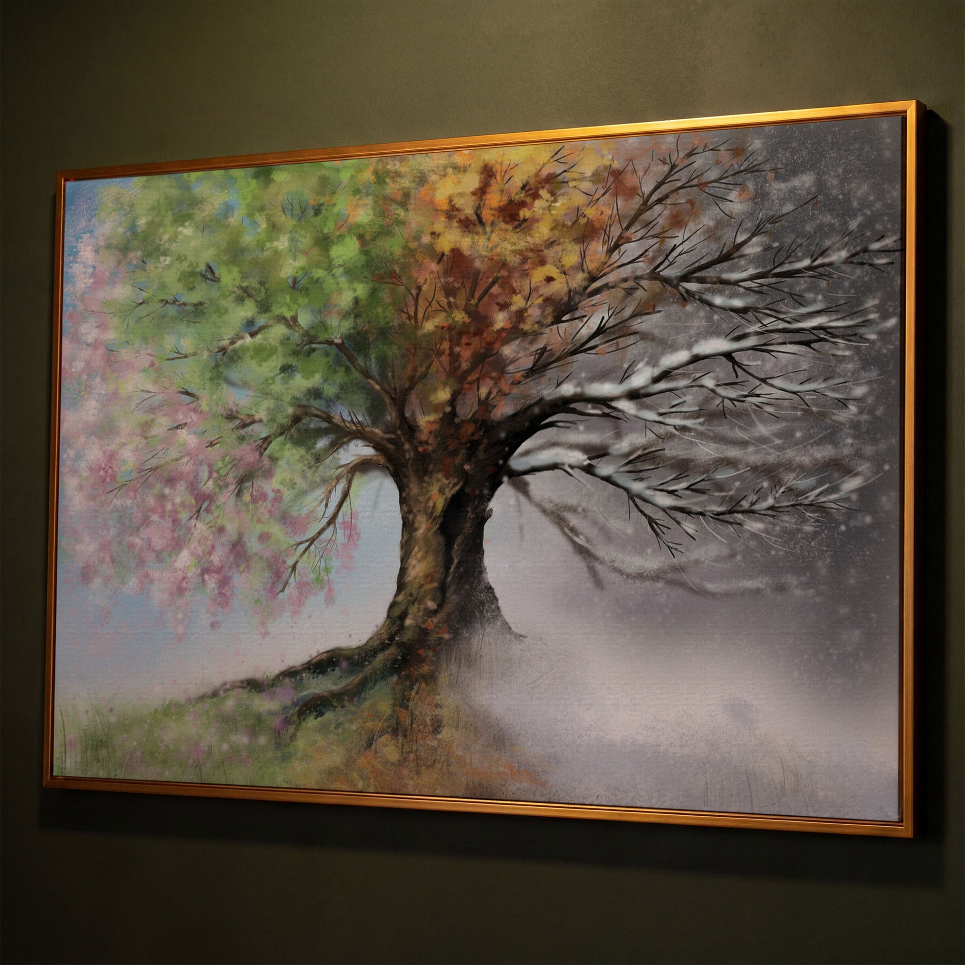 Four Seasons Tree Canvas Wall Art. Spring Through Winter shown in antique gold floating frame