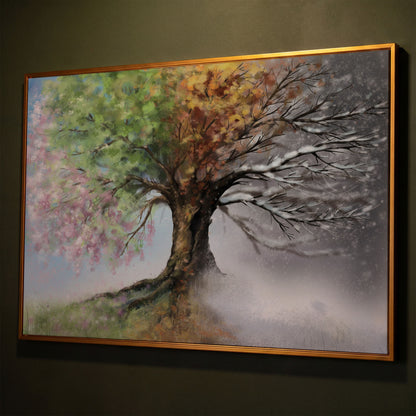 Four Seasons Tree Canvas Wall Art. Spring Through Winter shown in antique gold floating frame