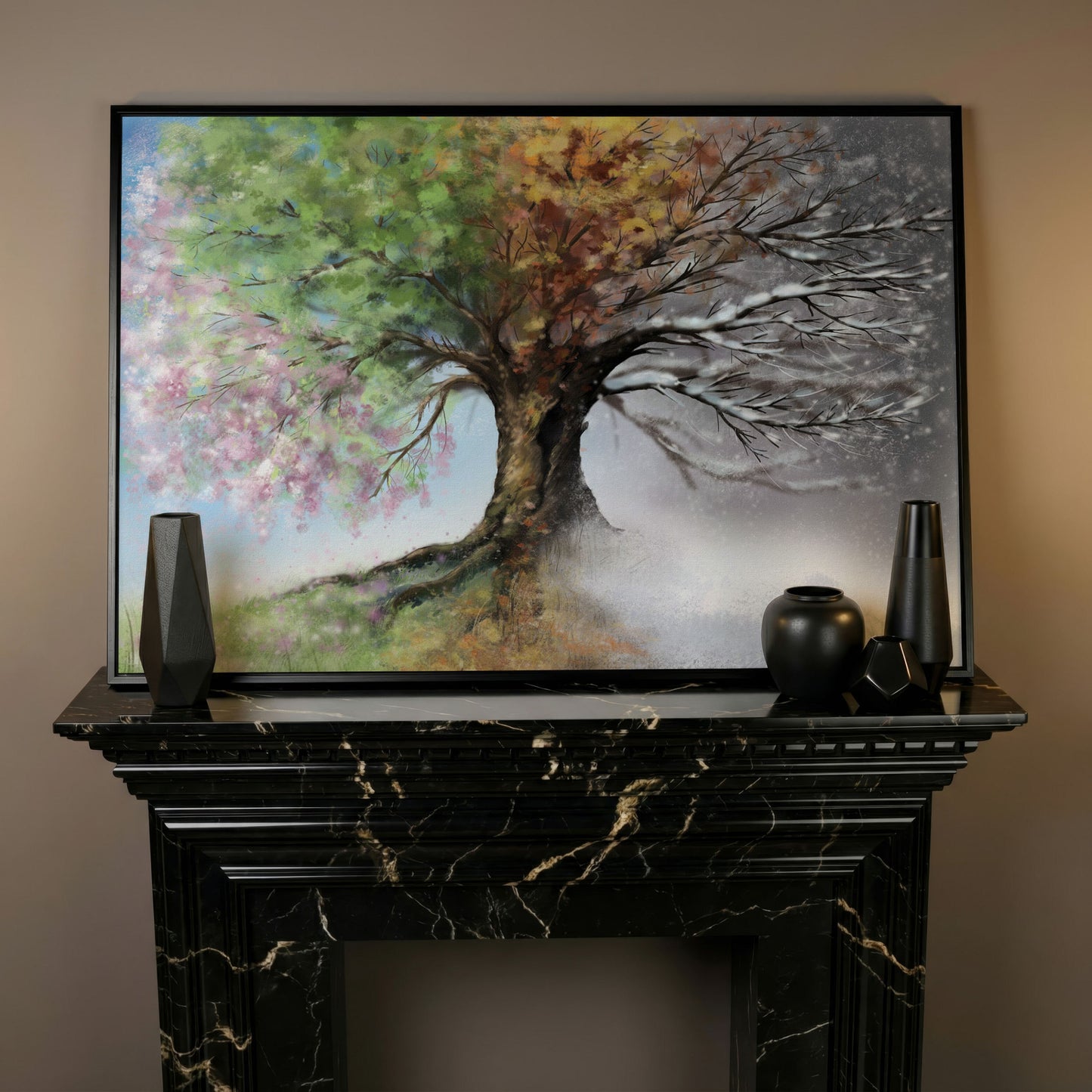 Four Seasons Tree Canvas Wall Art. Spring Through Winter in black floating frame