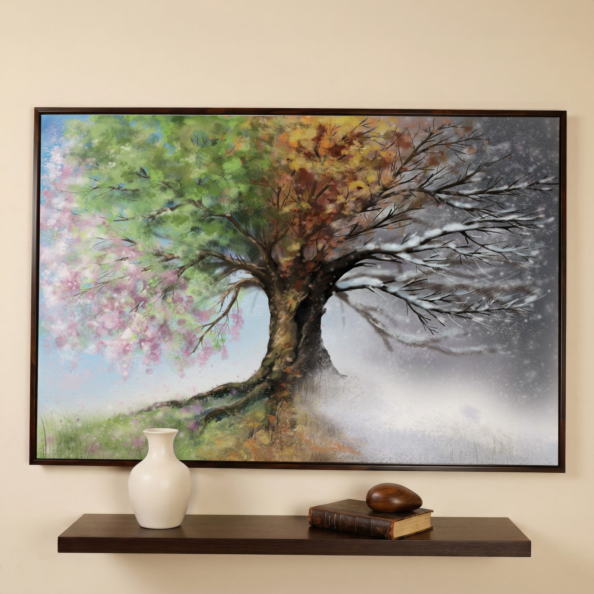 Four Seasons Tree Canvas Wall Art. Spring Through Winter in dark walnut floating frame