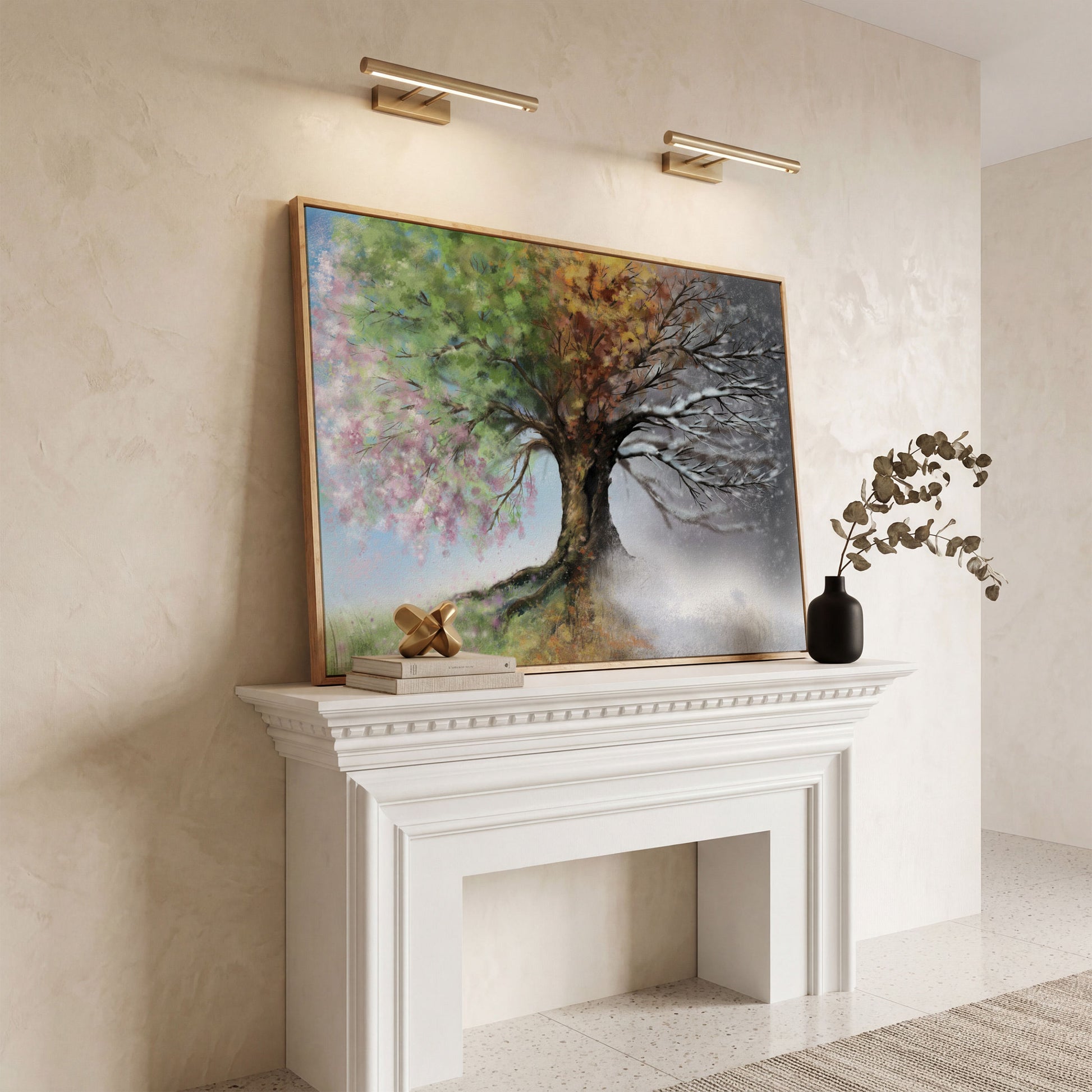 Four Seasons Tree Canvas Wall Art. Spring Through Winter in white oak floating frame