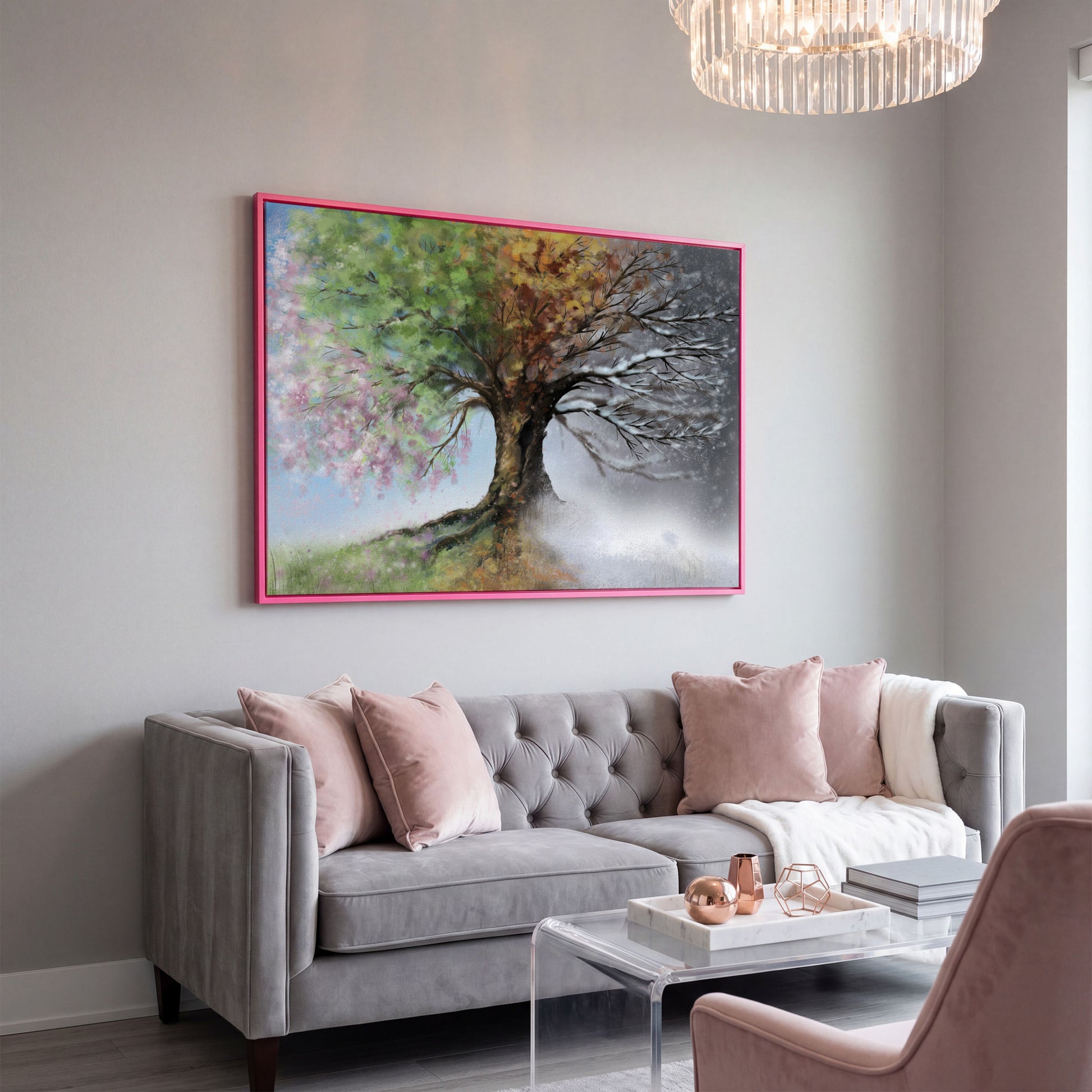 Four Seasons Tree Canvas Wall Art. Spring Through Winter in pink floating frame