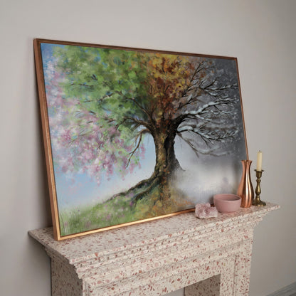 Four Seasons Tree Canvas Wall Art. Spring Through Winter in rose gold floating frame