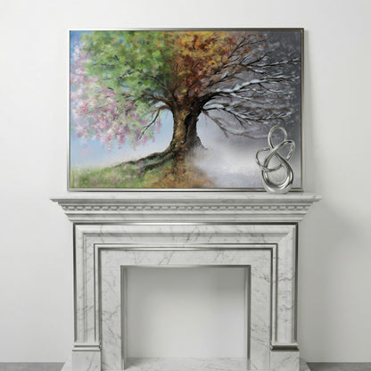 Four Seasons Tree Canvas Wall Art. Spring Through Winter in silver floating frame