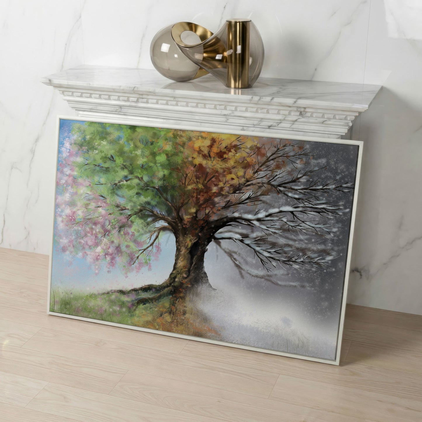 Four Seasons Tree Canvas Wall Art. Spring Through Winter in white floating frame