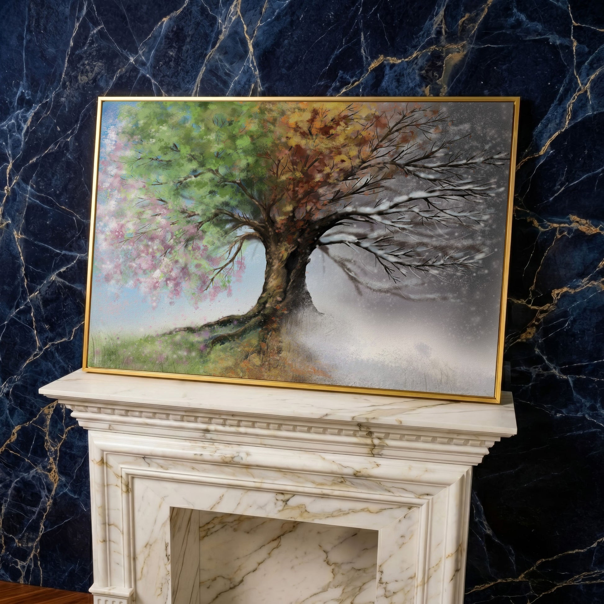Four Seasons Tree Canvas Wall Art. Spring Through Winter in yellow gold floating frame
