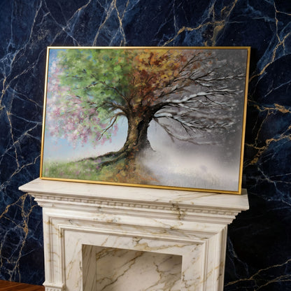 Four Seasons Tree Canvas Wall Art. Spring Through Winter in yellow gold floating frame