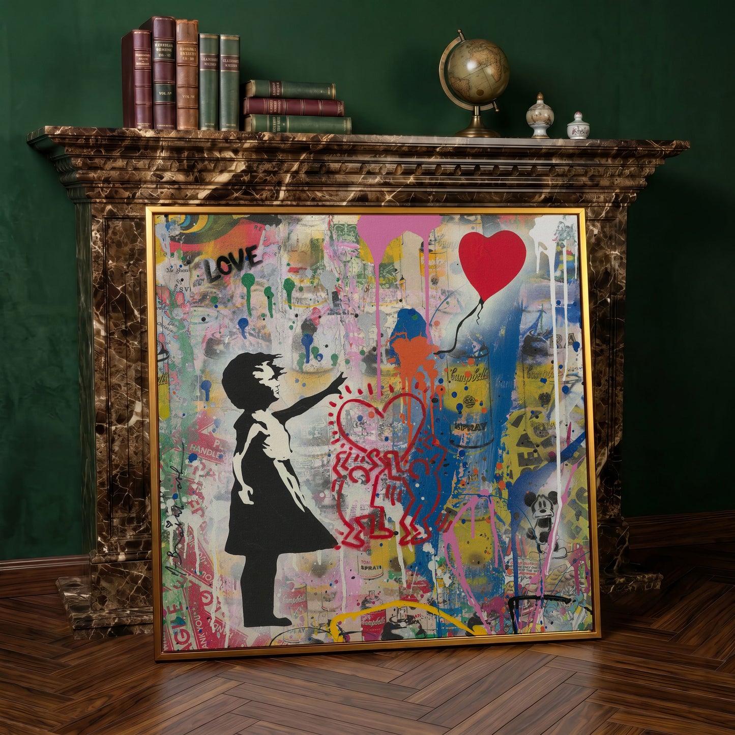 Street Art Collage Canvas: Banksy, Warhol and Haring Mashup in antique gold floating frame