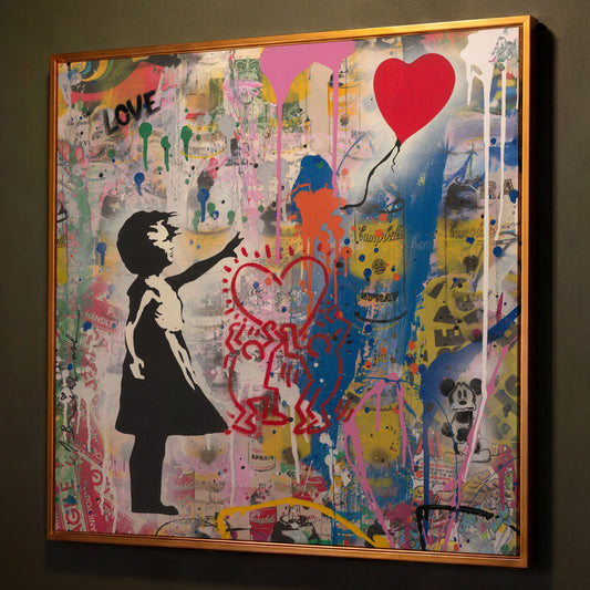 Street Art Collage Canvas: Banksy, Warhol and Haring Mashup shown in antique gold floating frame