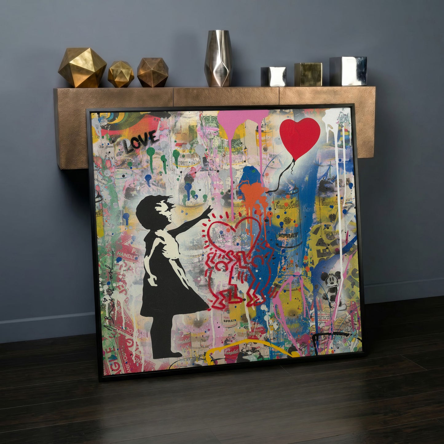 Street Art Collage Canvas: Banksy, Warhol and Haring Mashup in black floating frame