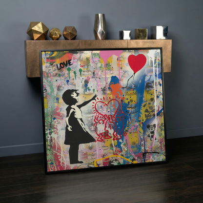 Street Art Collage Canvas: Banksy, Warhol and Haring Mashup in black floating frame