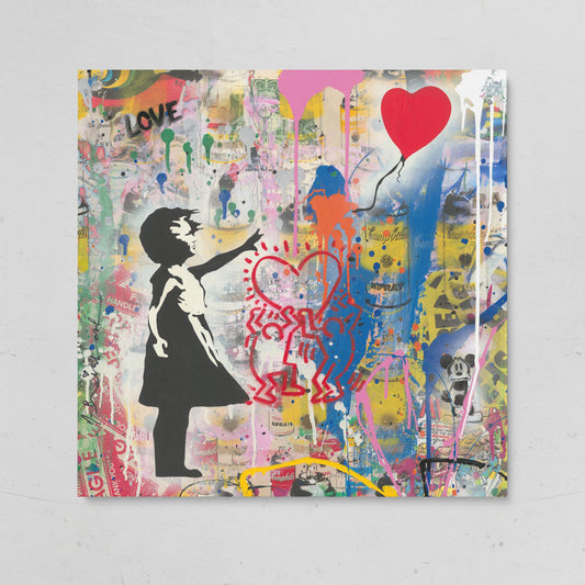 Street Art Collage Canvas: Banksy, Warhol and Haring Mashup on gallery wrap