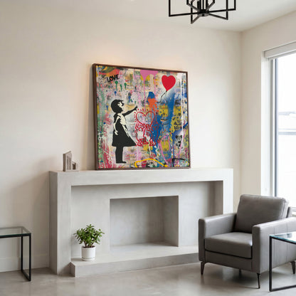 Street Art Collage Canvas: Banksy, Warhol and Haring Mashup in dark walnut floating frame