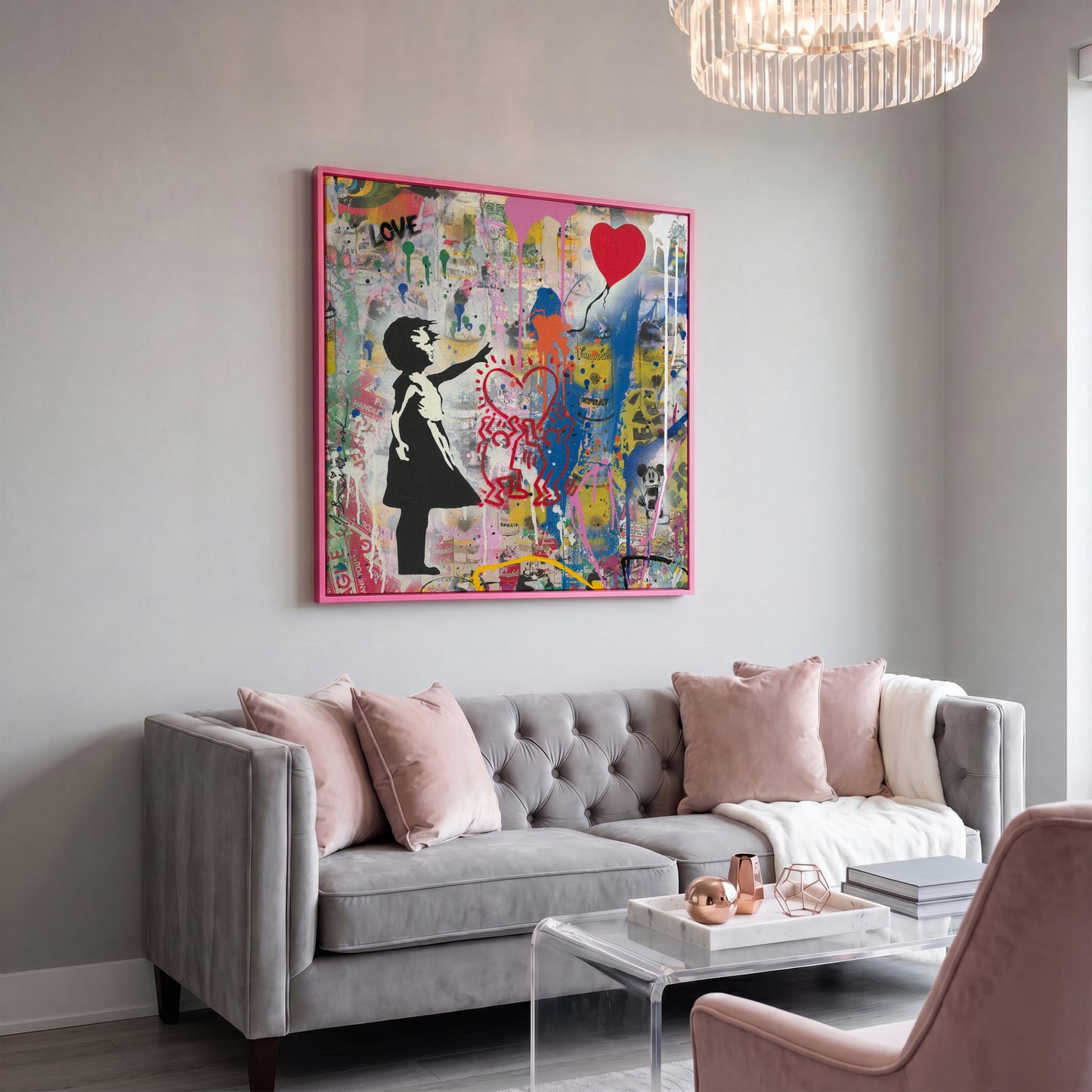 Street Art Collage Canvas: Banksy, Warhol and Haring Mashup in pink floating frame