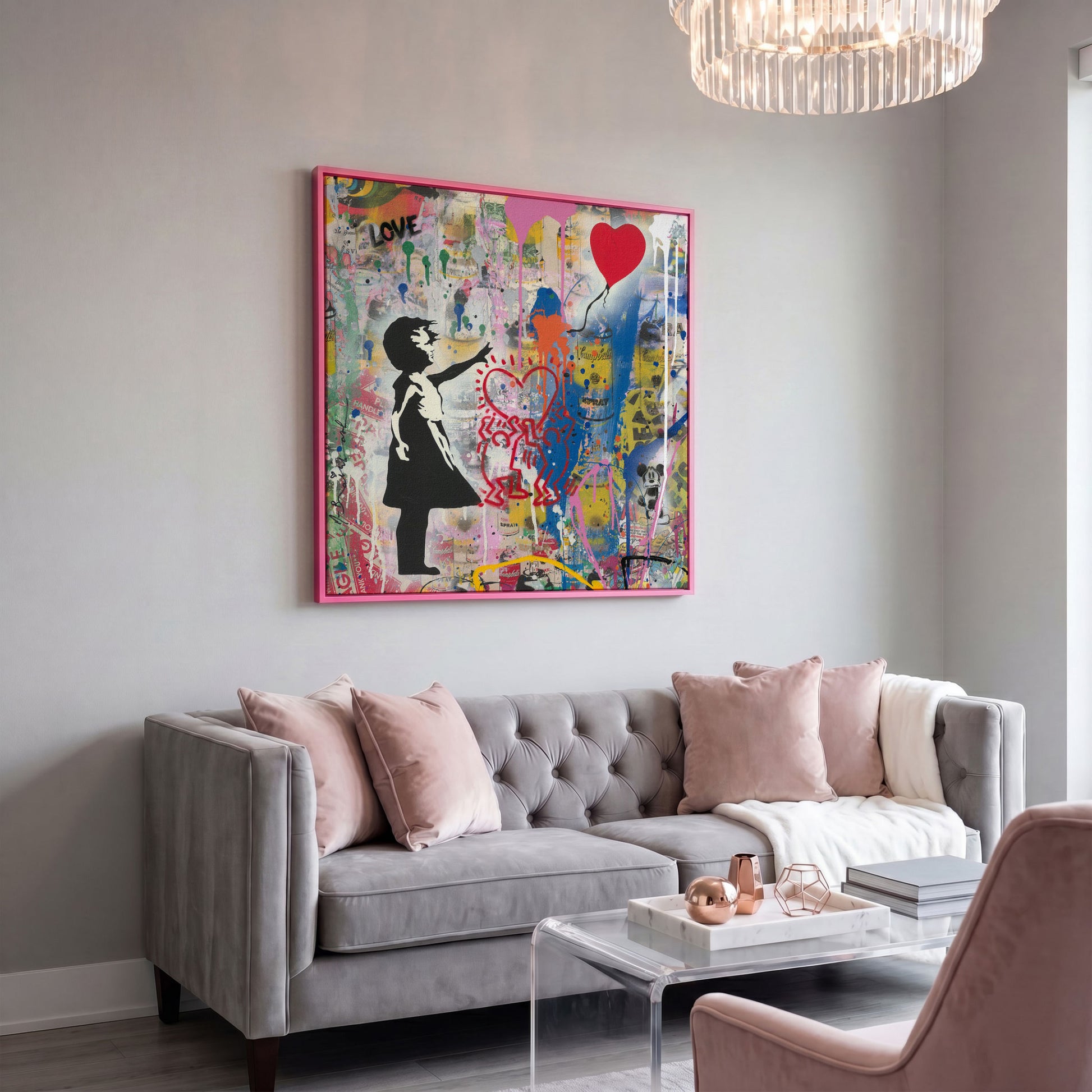 Street Art Collage Canvas: Banksy, Warhol and Haring Mashup in pink floating frame
