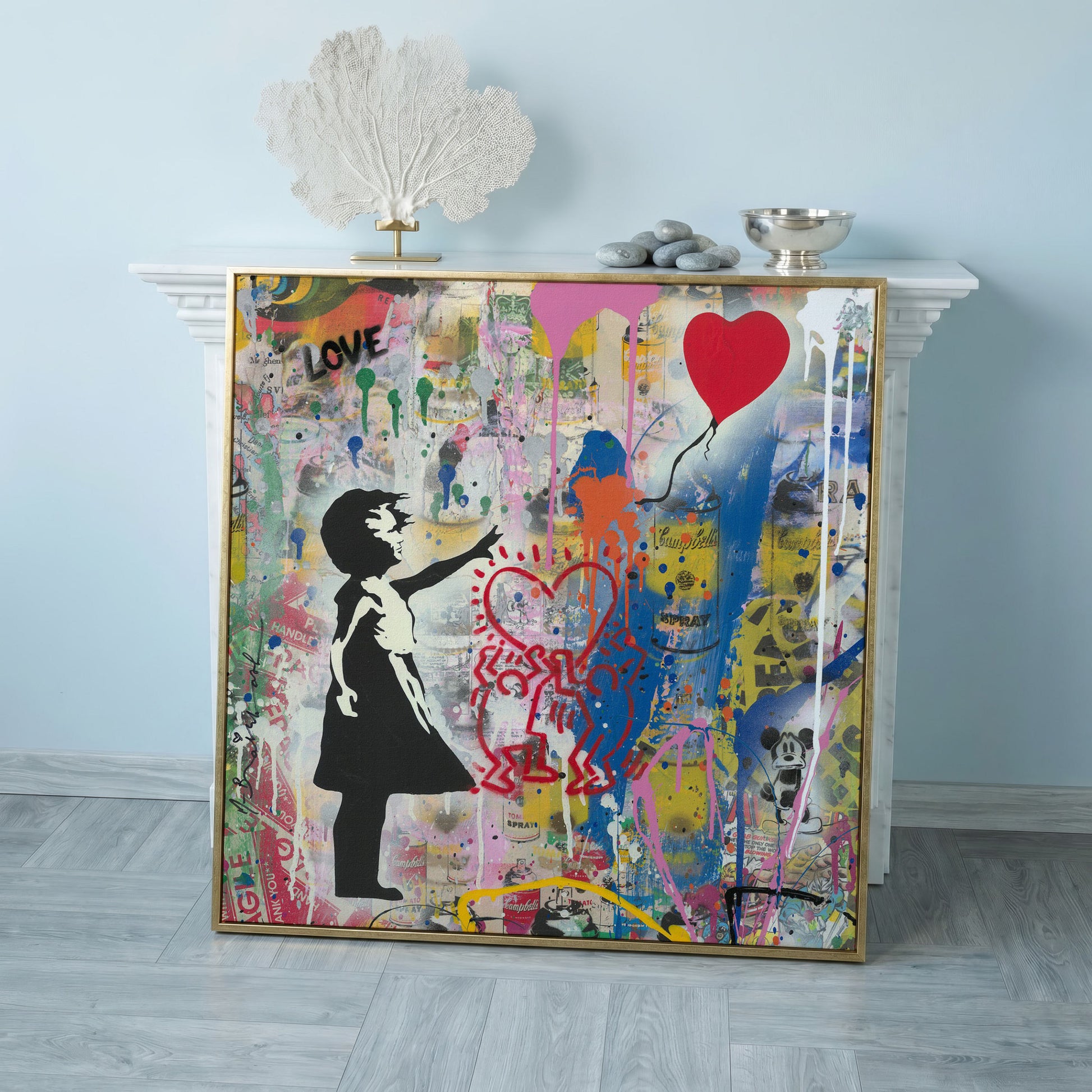 Street Art Collage Canvas: Banksy, Warhol and Haring Mashup in rose gold floating frame