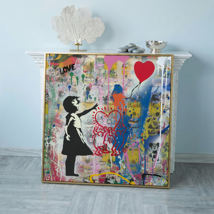 Street Art Collage Canvas: Banksy, Warhol and Haring Mashup in rose gold floating frame