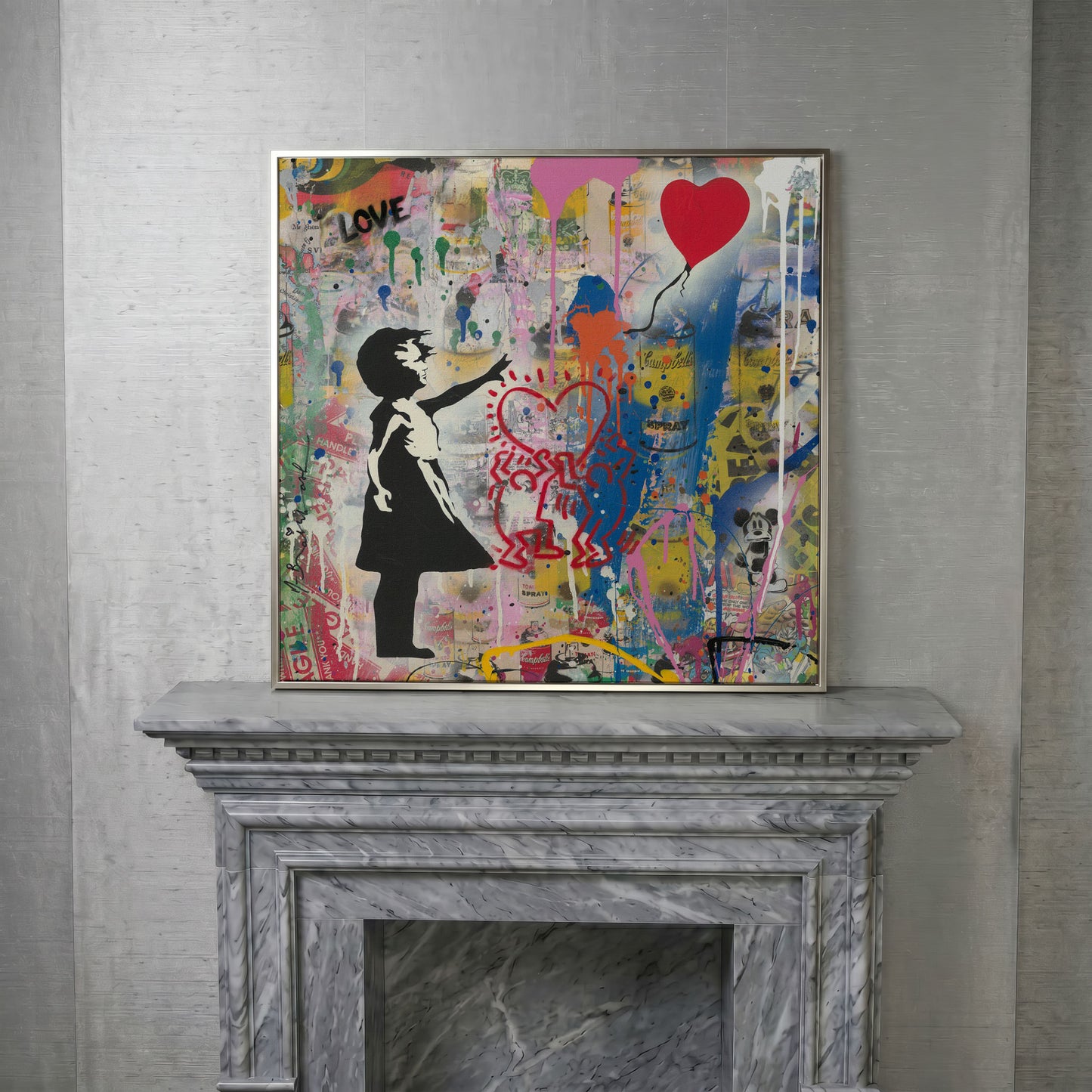 Street Art Collage Canvas: Banksy, Warhol and Haring Mashup in silver floating frame