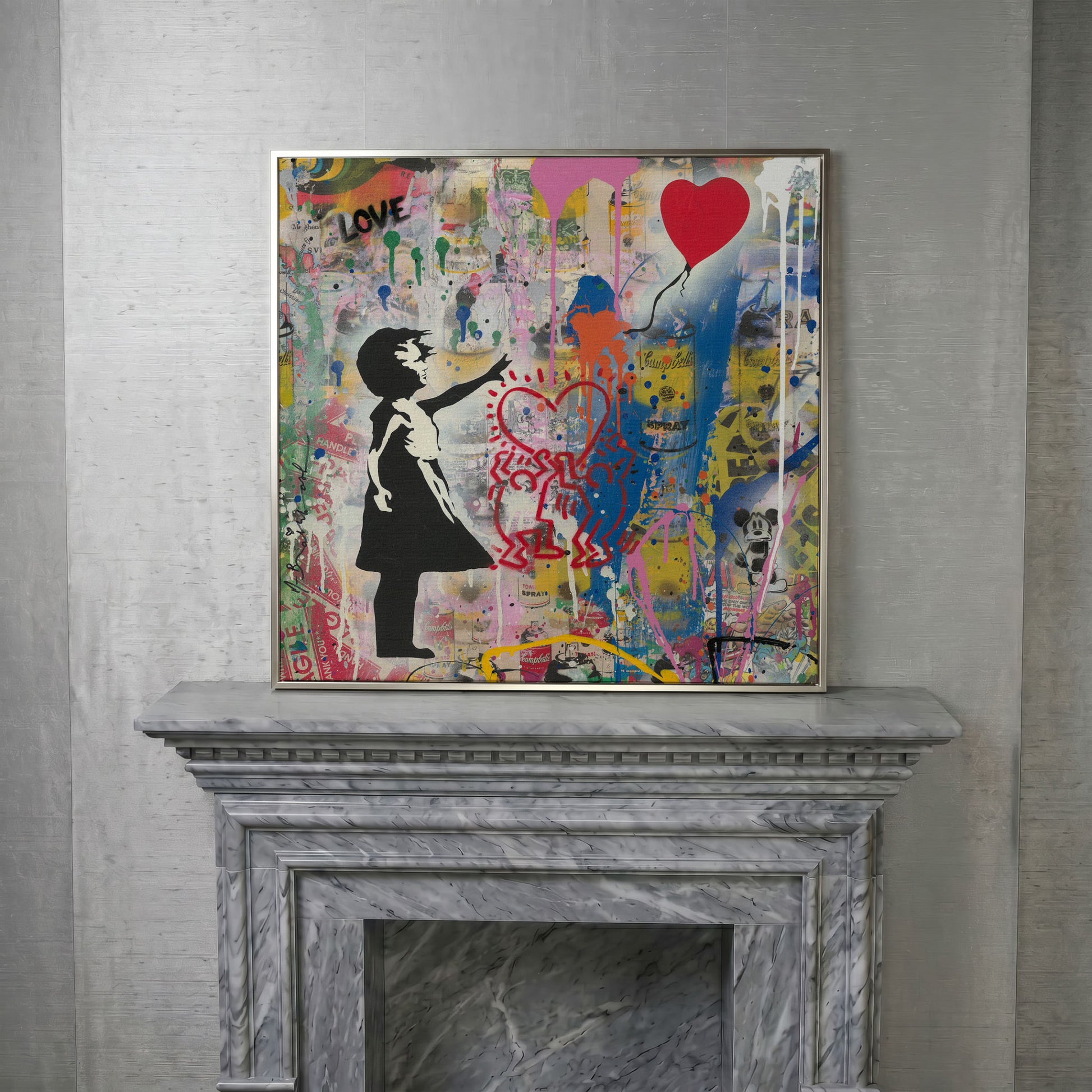 Street Art Collage Canvas: Banksy, Warhol and Haring Mashup in silver floating frame