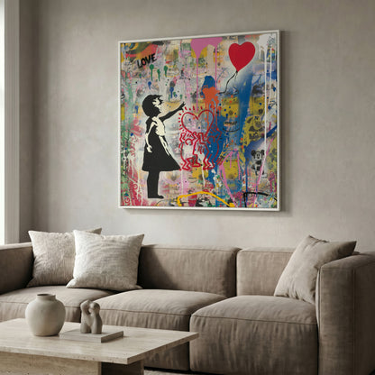 Street Art Collage Canvas: Banksy, Warhol and Haring Mashup in white floating frame