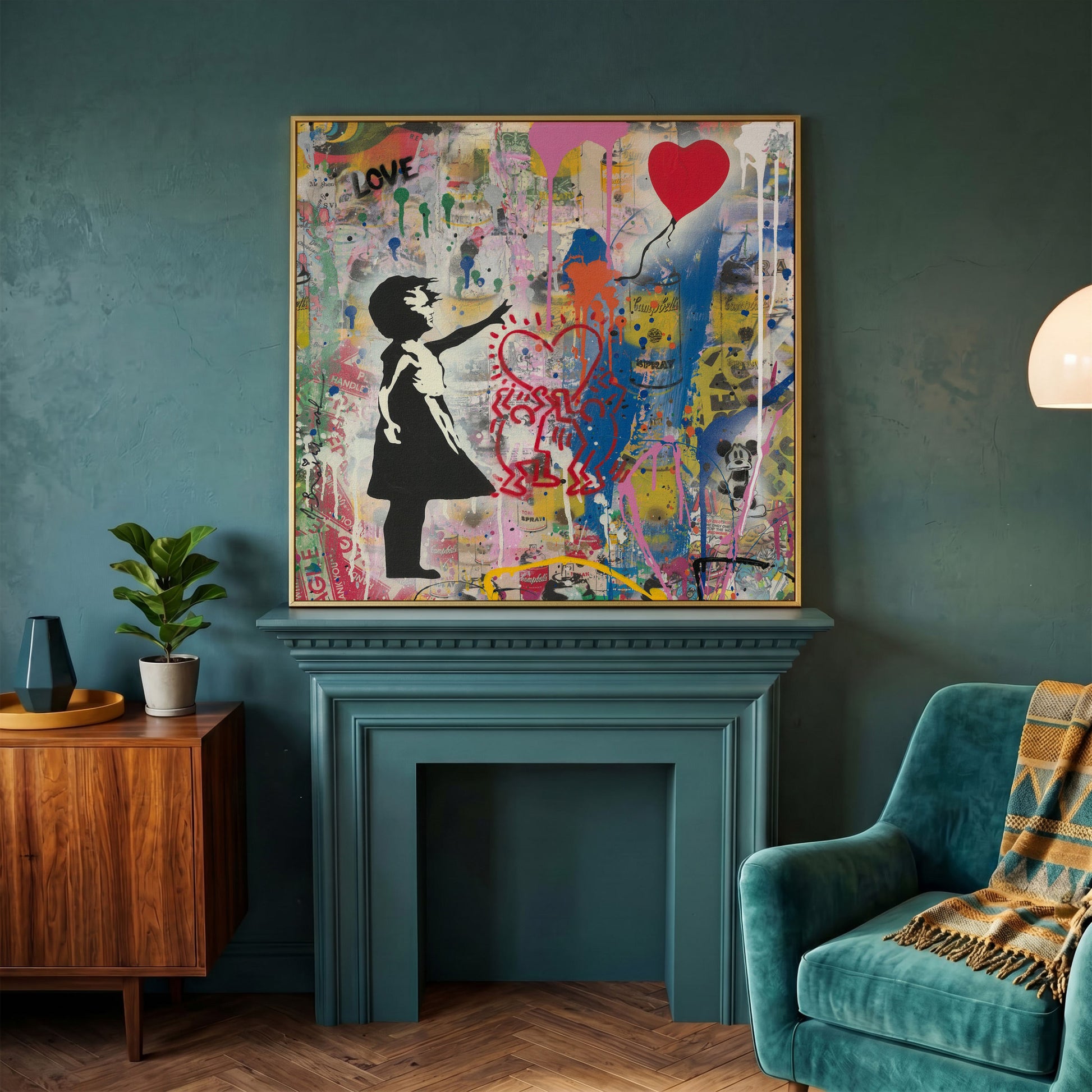 Street Art Collage Canvas: Banksy, Warhol and Haring Mashup in yellow gold floating frame
